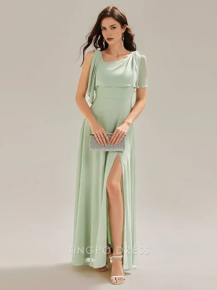 Elegant Square Neck Chiffon Maxi Dress with Side Slit and Draped Detail Prom Dress